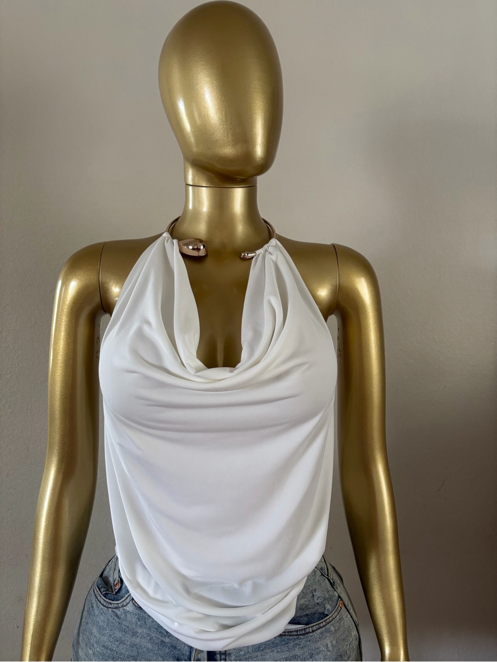 White Draped Halter Cowl Neck Camisole